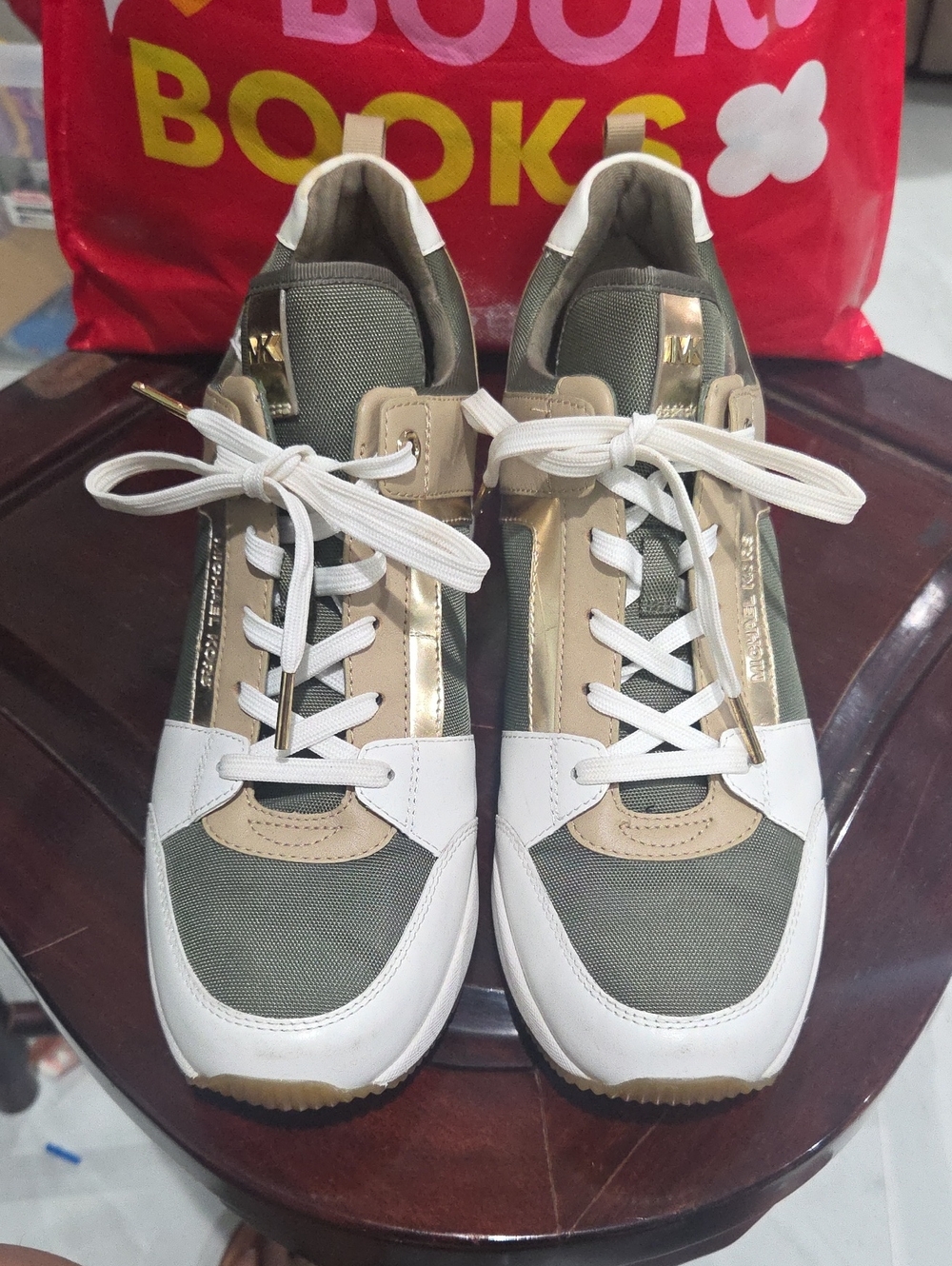 Michael Kors Olive, Beige & White Low-Top Sneakers with Gold Accents